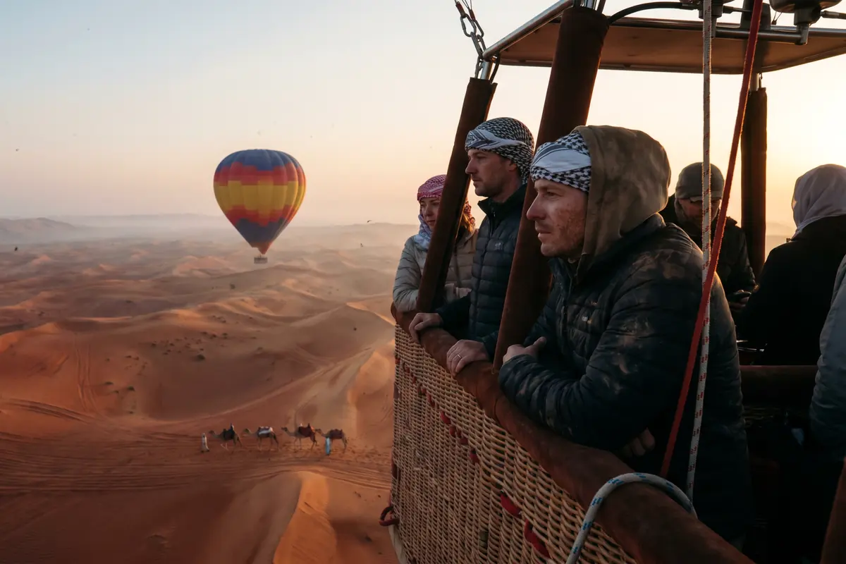 Private hot air balloon charter basket over the Dubai desert